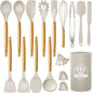 Silicone Cooking Utensils Kitchen Utensil Set, 21 PCS Wooden Handle Nontoxic BPA Free Silicone Spoon Spatula Turner Tongs Kitchen Gadgets Utensil Set for Nonstick Cookware with Holder (Khaki)